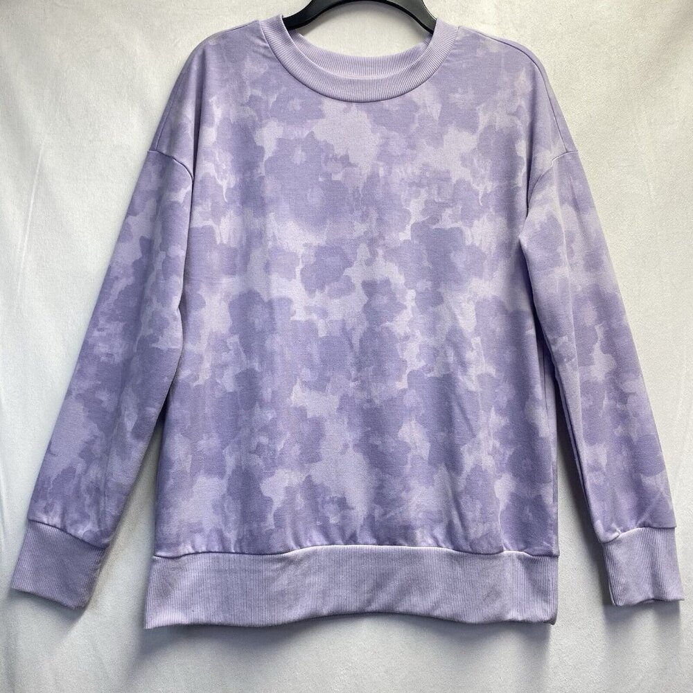 MONDETTA Crew Neck Pullover Sweatshirt Women Medium Purple Tie-Dye Hem Banded